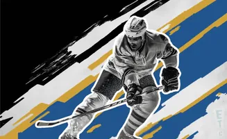 A black and white hockey player skates on a blue and yellow background.