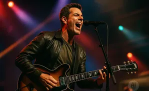 A man in a leather jacket sings and plays a guitar on a stage with colorful lights.