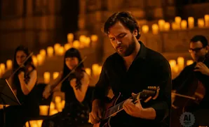 A man plays an electric guitar as two women play violins and a man plays a cello in a dimly lit room filled with candles.