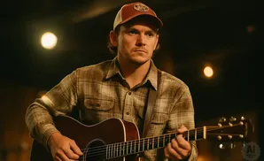 Man in a plaid shirt and baseball cap playing an acoustic guitar in dim lighting.