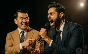 Two men in suits on stage, one laughing and pointing, the other yelling into a microphone.