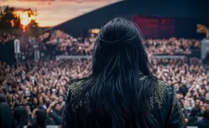 A performer with dark hair on stage facing a large, cheering crowd at sunset.