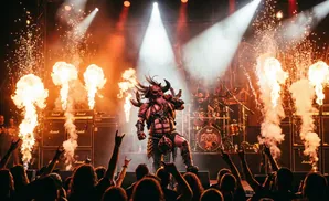 A musician in a fearsome, horned mask and elaborate costume performs on a smoky, lit stage.