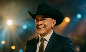 Man in a black cowboy hat and suit smiles, with colorful lights in the background.