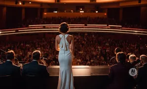 Woman in a white gown on stage facing a large audience in a concert hall.