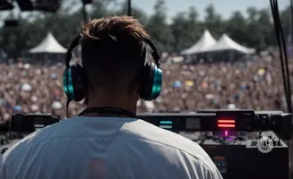 DJ at a festival wearing headphones, facing a large crowd.