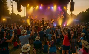 People enjoying a mariachi band concert at dusk.