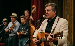 A man in a cream jacket sings and plays guitar with a band behind him.