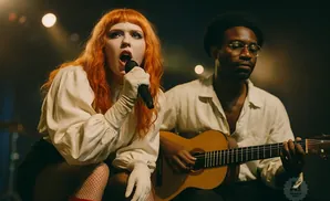 A female singer with bright orange hair sings into a microphone, while a man plays an acoustic guitar.