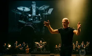 Conductor J.K. Simmons directs a jazz ensemble, with a projection of a drummer behind him.