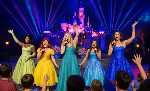 Five women dressed as Disney princesses sing on stage in front of a castle, with spotlights behind them.