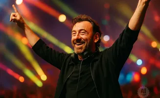 A man with headphones around his neck and arms raised in the air smiles widely at a colorful concert.