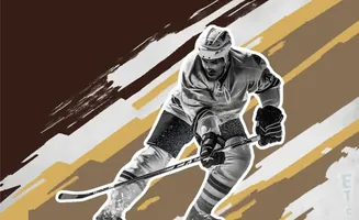 Black and white image of a hockey player in motion, with abstract brush strokes in brown, gold, and white.
