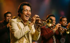 A man in a cream suit with gold trim plays a trumpet, smiling widely, with other musicians playing brass instruments behind him.