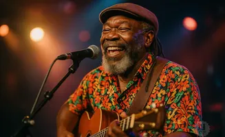 A Black man in a colorful shirt and cap laughs while playing guitar onstage with a microphone.