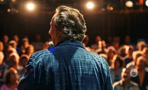 A man with graying hair, wearing a blue sparkly jacket, speaks into a microphone to a blurred audience under stage lights.