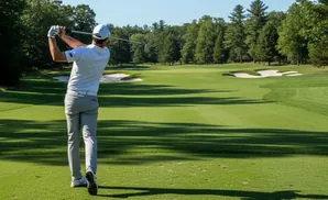 Golfer in mid-swing on a sunny golf course with sand traps and trees.