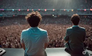 Two musicians on stage face a massive crowd at a stadium concert.