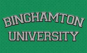 Binghamton University logo on a green textured background.