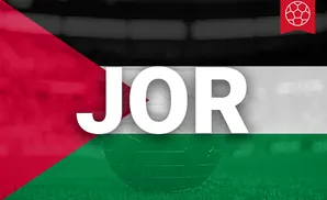 A globe overlayed with the Palestinian flag stands on grass, with a soccer ball icon in the top right.