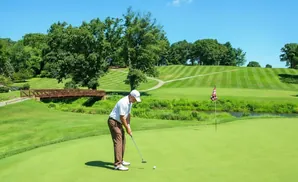 Golfer putting on a green with a flag, bridge, and rolling hills in the background.