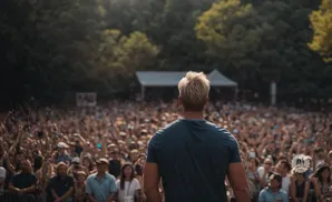 A blonde man in a blue shirt faces a large, cheering crowd at an outdoor concert.