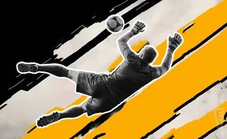 Goalkeeper diving to catch a soccer ball against a black and yellow graphic background.