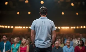 Man in a blue shirt facing an audience in a dimly lit venue with warm lights.