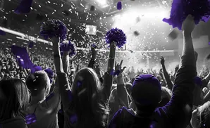 A crowd cheers with purple pom-poms and confetti raining down during a dark, spotlighted event.
