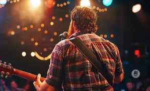 A man with a beard in a plaid shirt plays guitar on stage, illuminated by warm lights.