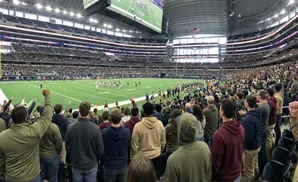 Fans cheer at a football game in a large stadium, with players on the field.