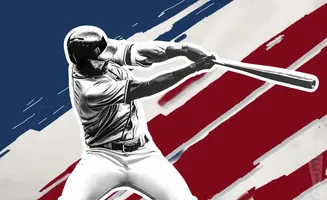 A baseball player swings a bat against a backdrop of red, white, and blue stripes.