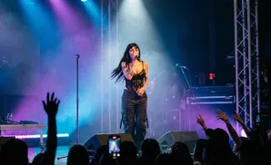 Singer performing on stage with a microphone, surrounded by a cheering crowd and stage lights.