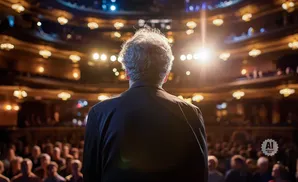 A man in a suit faces away from the camera, addressing a large, dimly lit audience in a theater.