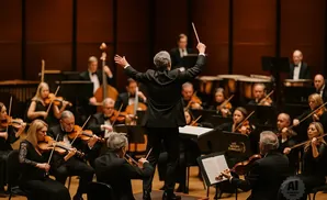 Orchestra conductor leading musicians playing violins and other instruments on stage.