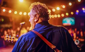 Musician playing guitar on stage, facing away, with blurred audience and lights.