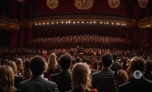 An orchestra performs on stage in a grand concert hall, with a conductor leading and a singer in a red dress.