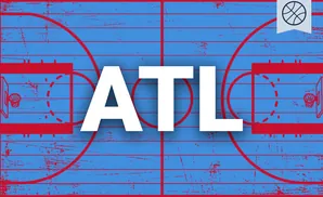 A minimalist illustration of a basketball court with blue lines on a red background, featuring a basketball icon in the top right corner.