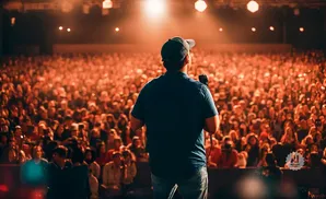 A man in a blue shirt and cap stands on stage, facing a large, warm-lit audience.