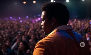 Man facing away from camera at a concert, looking out at a large crowd.