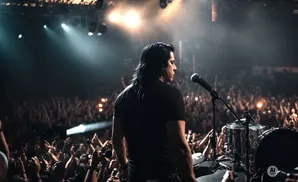 A rock singer with dark, shoulder-length hair stands on stage facing a cheering crowd.