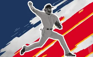 A baseball pitcher in mid-air, throwing a ball, against a backdrop of red, white, and blue brushstrokes.