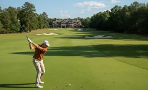 Golfer swings on a sunny day at a golf course with a large building in the background.