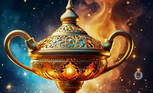 An ornate golden genie lamp with intricate designs and jewels, emitting a warm glow against a starry night sky.