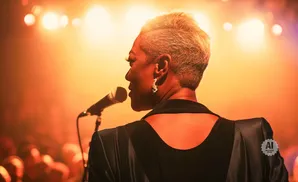 A person with short, styled hair and a sparkling earring sings into a microphone on a stage with warm lighting.