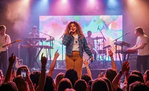 A female singer performs on stage with her band in front of a cheering crowd.