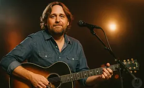 A man with medium-length brown hair and a beard plays an acoustic guitar and sings into a microphone.