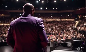Man in purple suit on stage facing a large audience in a dimly lit auditorium.