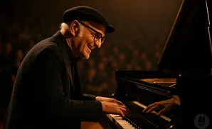 A smiling man in a black hat and suit plays a grand piano on a dimly lit stage.