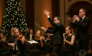 Orchestra conductor leads musicians playing violins, trumpets, and horns in front of a Christmas tree.